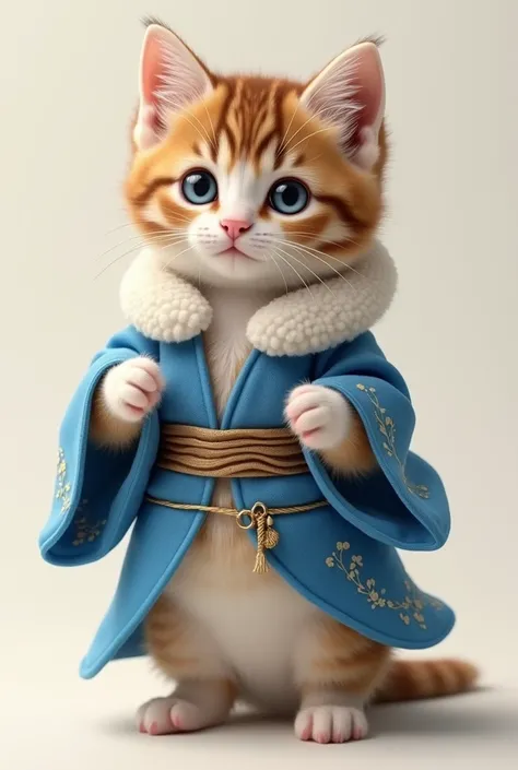  high res、masterpiece、 real、A cute little kitten wears a blue kimono and wears a fur collar２ standing on legs 