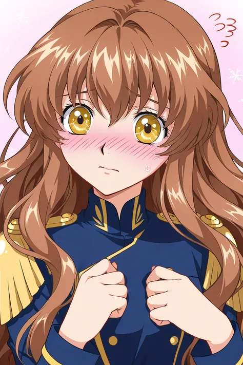 A girl that is an student. She has long wavy Brown hair with shiny golden eyes with blue dress uniform. She is confused, but blushing nervous. Kind. Clamp Tsubasa chronicles art style. 