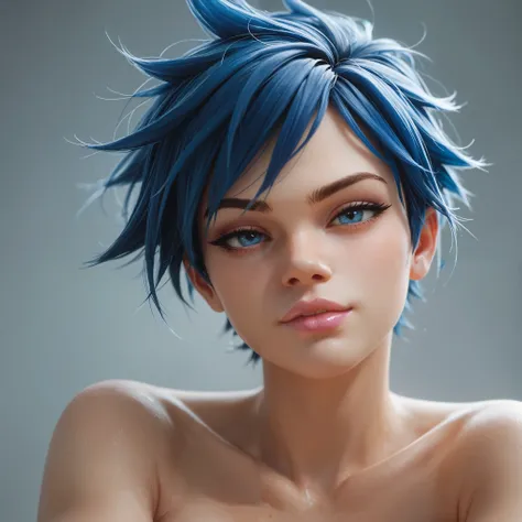 female, curvy, thick, sexy, lovely, rough short dark blue hair, tomboy hair, saturated blue eyes, pink lip stick, pleased, naked, head shot, head, close up,