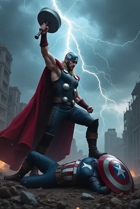 A fierce battle scene between Thor and Captain America in a destroyed city, under a dark, stormy sky. Thor, wearing his iconic armor and helmet, stands victorious, placing his boot on Captain Americas chest, pinning him to the ground. Thor holds Mjolnir hi...