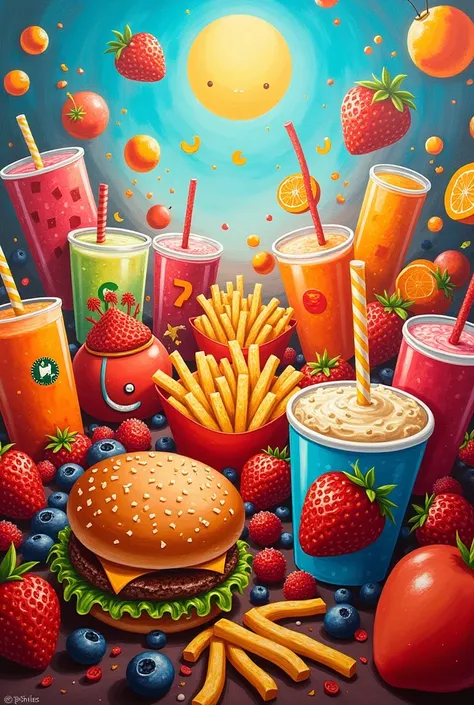 A 200 CM x 200 CM ,  of an image with many colors and images related to fast food and juices,  painting highlighting the colors light blue and orange .