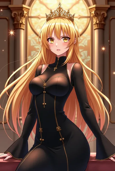  The lady was wearing approximately  ,  yellow hair ,  yellow eyes,   an aristocratic black dress . Anime characters with a crown
