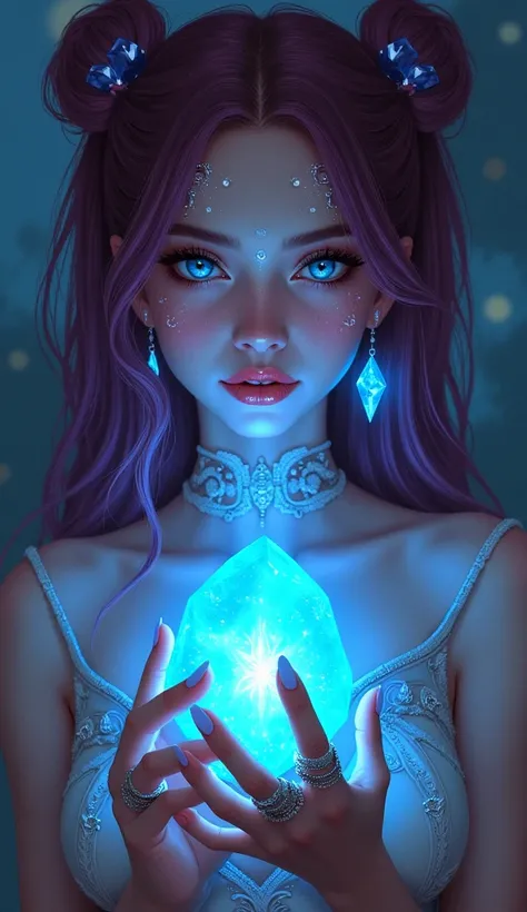  This image is a portrait of a woman with bright eyes and detailed makeup.  She is holding a beautiful glowing crystal ,  earrings and rings that emit blue light . Her face and skin are decorated with artistic glowing patterns,  body art jewelry ,  which g...