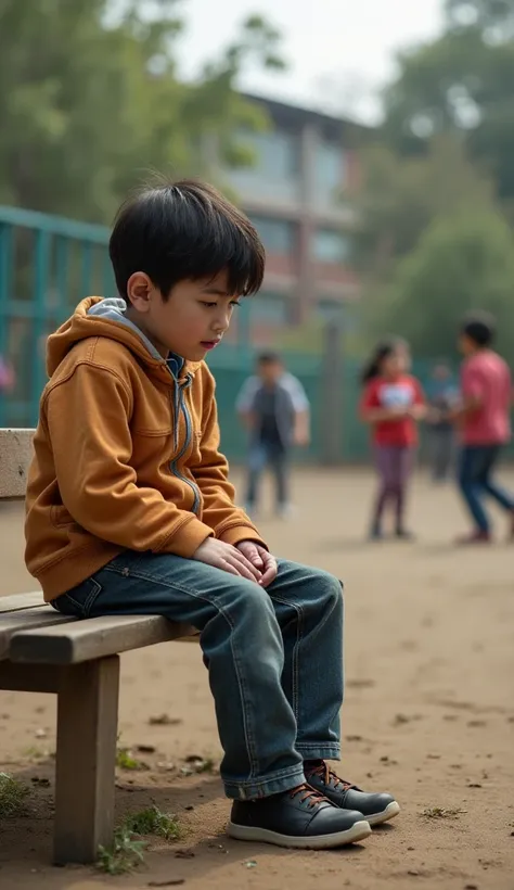 A small school playground with ren playing in the background.

Sam, a boy wearing faded and slightly worn-out clothes, sits alone on a wooden bench, looking down with tears in his eyes.

A few ren in the distance pointing and laughing at him, showing their...