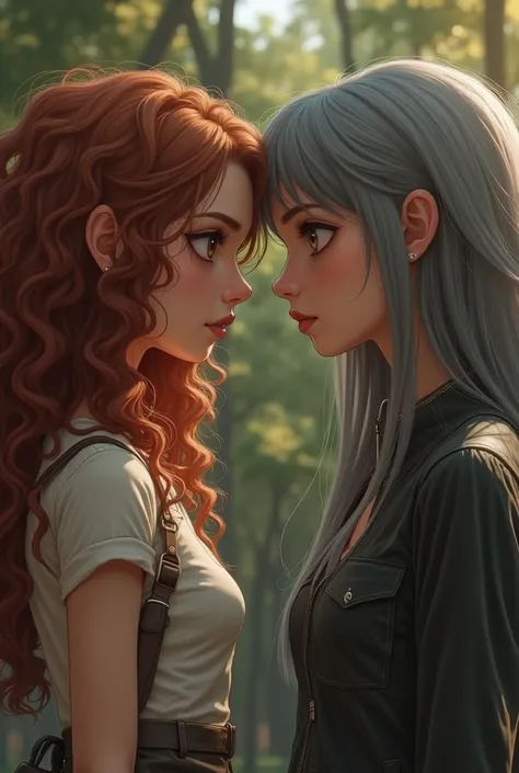  A couple of girls whose one has curly and long hair , light red,  with a knife in her hand and a serious look, And another with straight and long hair , gray,  with fair skin and light brown eyes exchanging glances with their fair-skinned and dark-brown g...