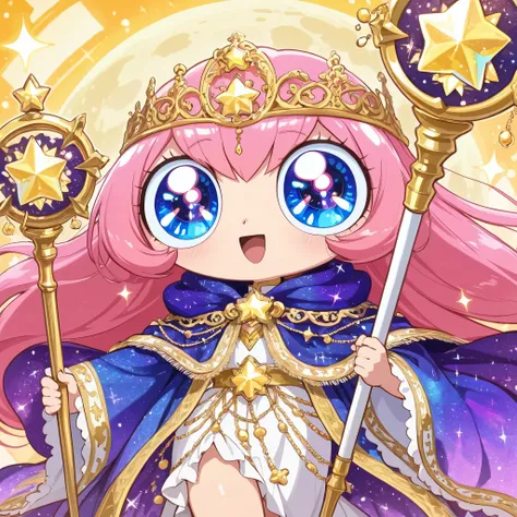 An enthusiastic female sorcerer (long hair, sparkles, ornate robe, huge eyes, magical girl moon staff) is racing to join a grizzled band of veteran adventurers.