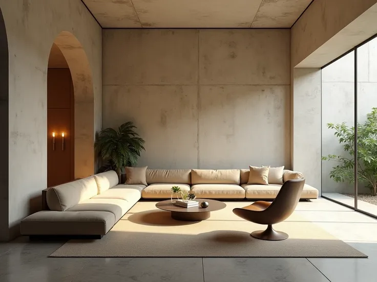 Based on Luis Barragan’s workshop in Mexico City, combined with Toyo Ito’s Churches, Living room, table, furniture, frank miller, sofas, chairs, candles, lightning, light, concret, white, natural light, green, vegetation, patience, ambient, ambience, archi...