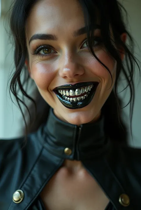 Woman with metal teeth 