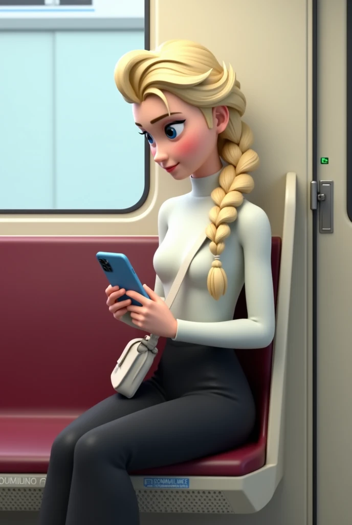 Elsa from Frozen, blonde braids hanging down her shoulders, wearing a white turtleneck and black trousers. He sat on a bench in the interior of a JR 205 type electric train from Japan. While holding a blue iPhone 12 brand smartphone, he occasionally looked...