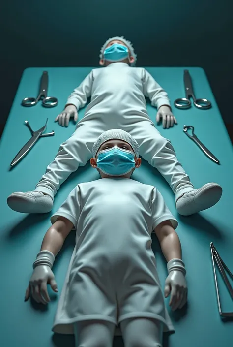 3 elementary school boys,  surgical hat, surgical gown, blue mask, surgical gloves, scalpel, lying down like a surgical tool, please touch the Korea Job World Surgery Room so you can bleed, Im asking for surgical gloves, red bloody 3D character