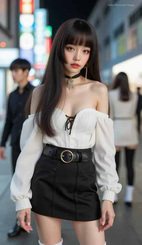 16K quality， ultra-realistic style ，Take a picture of a woman standing in front of her whole body，over the knee white socks，Over the knee socks。 Short black skirt ， Black Heels ，Himekiri hairstyle ， Full Body Photo ， cold expression ， a woman in a stylish ...