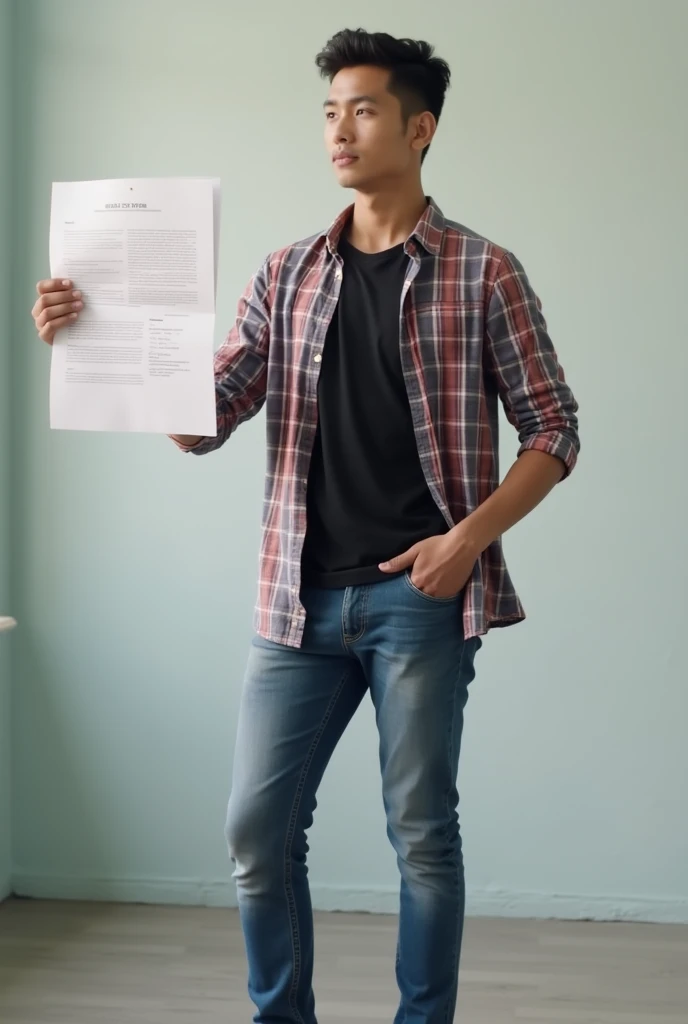 an Indonesian man with a clean face, 26 years old, wearing a black undershirt and a checkered shirt, wearing jeans and sneakers, was standing in front of a wall while 
His hand holding a thick piece of paper was raised as if he was doing a demonstration