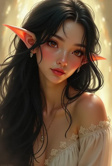 An elf with long black flowy hair and reddish brown eyes. Adult but cute