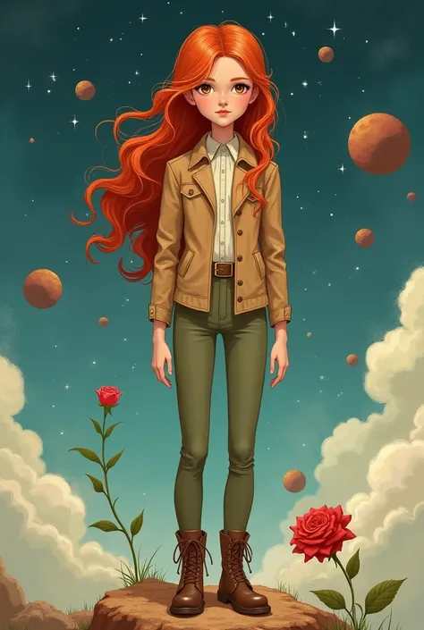 Create a 19-year-old girl. Her appearance is based on the little prince from the book. She has red hair to represent the rose from the book. Her clothes should also be similar to the characters.