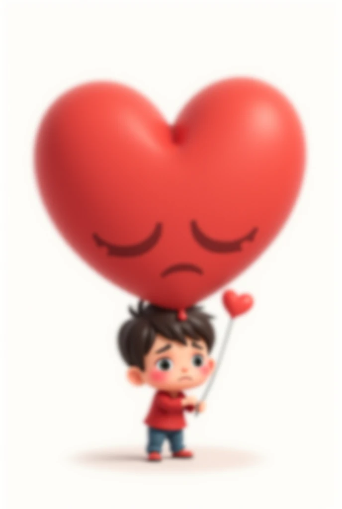 A cute valentine sad chibi boy with a big heart on the background with plain white background