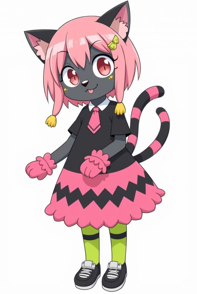 She is also a cat, like Husk. With dark gray fur, 3 small light yellow hearts on each cheek, small eyebrows in the form of a circle, pointed ears, a black nose in the form of a heart. tail with a tassel at the end, and the tail itself in bright pink stripe...