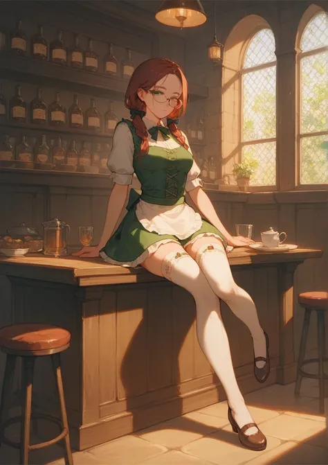 full body, sitting,  score_9, score_8_up, score_7_up, (solo), burgundy hair, green eyes, oval glasses, long hair, forehead, waitress, bow at the back, medieval setting, two long low hair tails, medium breasts, ((narrowed eyes)), ((expensive clothes)), mini...