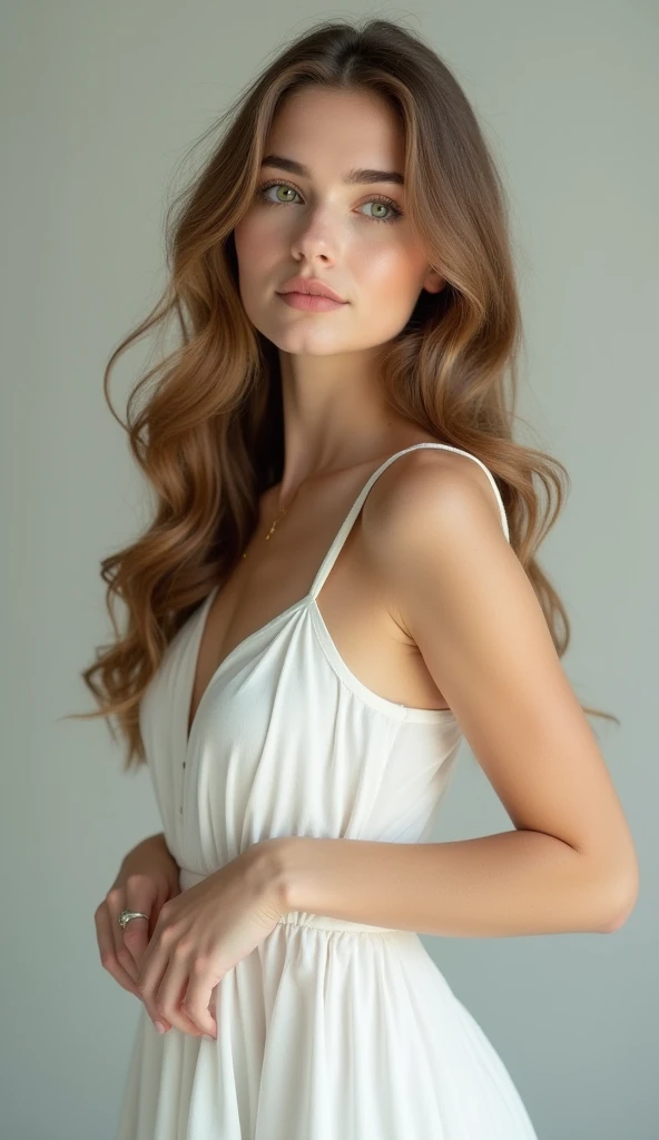 An innocent Russian 20-year-old girl, incredibly pretty, pale white skin, glowing skin, round face, chubby cheek, detailed green eyes, golden brown hair cascading softly, full and elegant lips, wearing a serene expression, wears white dress, full body, fro...