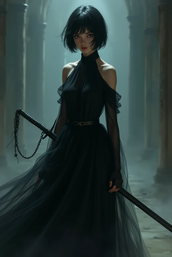 girl with short black hair,  brown eyes , 18 years old, And that her dress is long and black and she carries a sword 