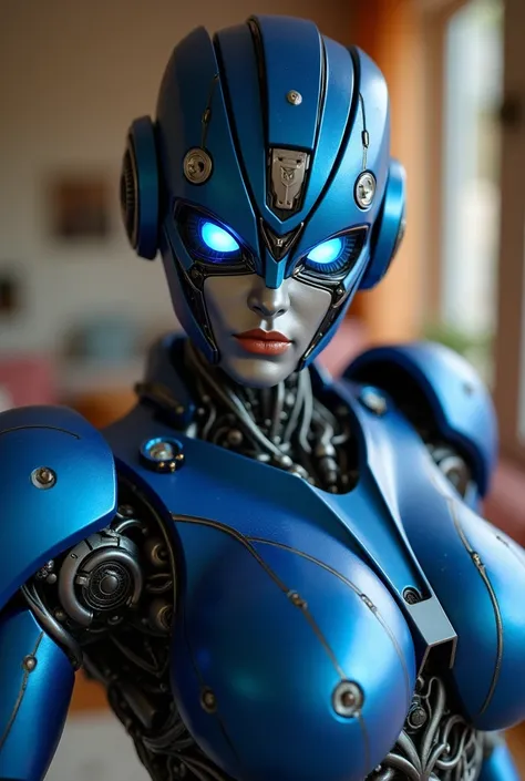  Arcee the female autobot robot from transformers in the family room. Looking at and standing up super close to the camera like a close selfie  
Arcee metallic robot face
Dark metallic blue  muscular autobot body
cute lip smile 
Massive even robot  breasts...