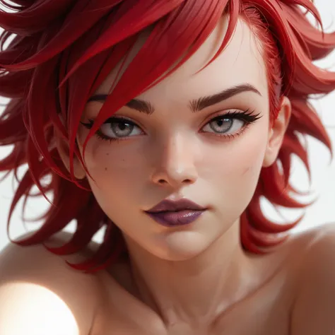 female, curvy, thick, sexy, lovely, rough spiky bright red hair, tomboy hair, spiky front bangs, grey eyes, dark purple lip stick, pleased, naked, head shot, head, close up,