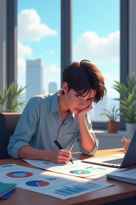  A young person sitting at a desk with a pensive gaze, surrounded by charts or work records 