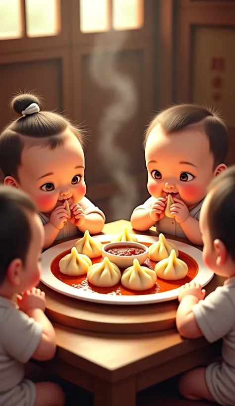 babies chinese eat dumpling in big plate with sauce