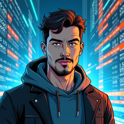  MODERN COMIC ILLUSTRATION HIGH GRAPHICS ,  MAN WITH AN INTERMEDIATE MUSTACHE AND A BEARD ON HIS CHIN, dark gray hooded sweatshirt ,  leather jacket, PLANNING INTERDICMENTIONAL TELETRANSPORT ,  BLUE LIGHTS AND ORANGE RAYS NUMBERS , DATES AND NAMES OF CITIE...