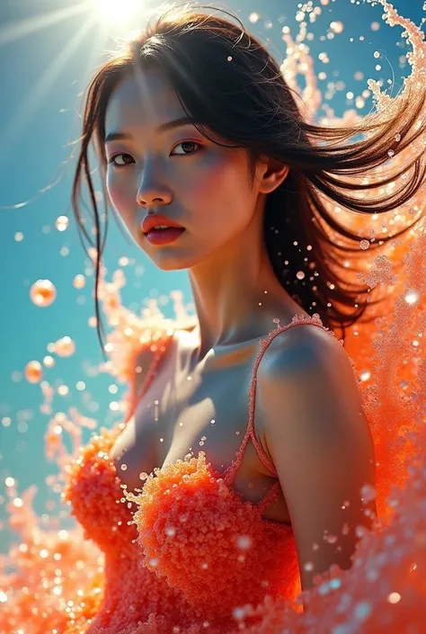 a hyper sexual korean girl with a sexy body that is made completely from water posing with her bare breast seductively. She squeeze her bare perky breast. she is made with colourful spiralling waves and droplets and dreamy water formations. lens flare and ...