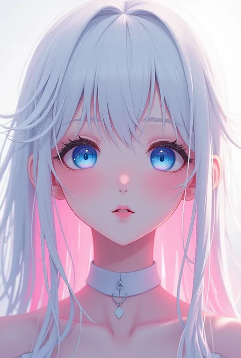 Anime girl with white hair and pink hair tips,  and blue eyes 