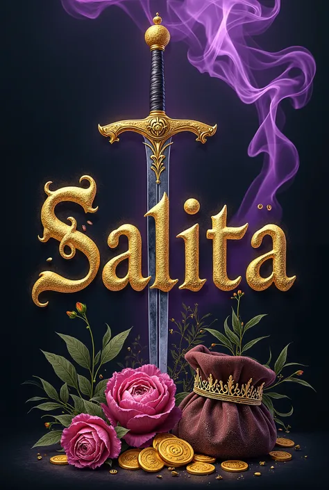 Write the words Salita in the Font  Of Wool but surround by flowers Gold coins and a pouch a Tiara that shines brightly a dark wand with purple and black smoke emitting from it and a silver sword put the Tira as the I in Salita