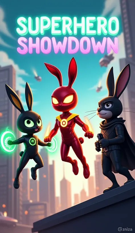 Create a digital illustration featuring three superhero rabbit characters in a bustling cityscape. On the left, a sleek rabbit with a glowing green ring floats in the air, wearing a black and green suit, holding an energy construct shaped like a shield. In...