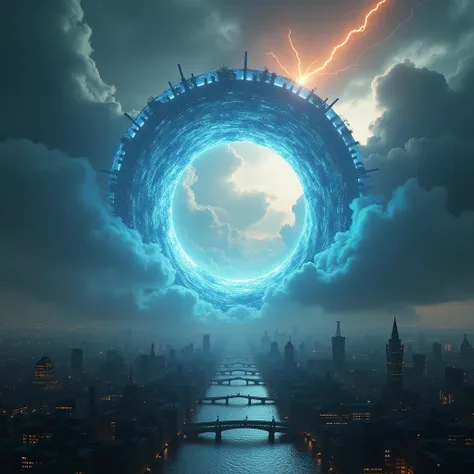  realistic details Modern Comic high graphics realistic details,  Quantum portal closing in the London sky in the 1920s, blue lights and orange thunder in the clouds  