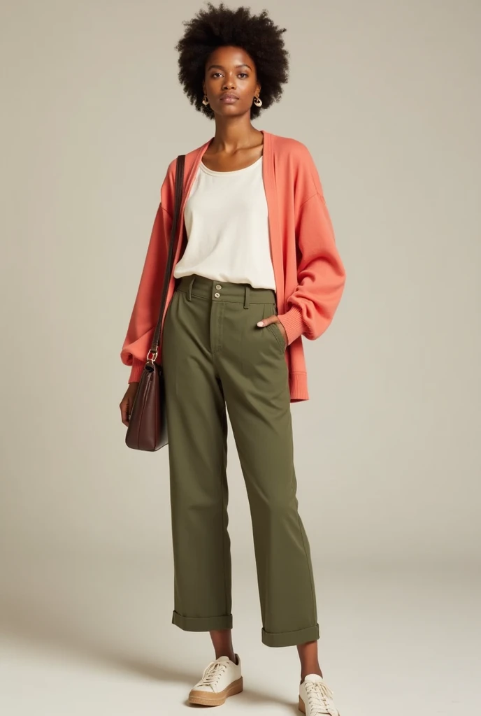  Cream cotton blouse with slightly puffy sleeves.
 Khaki tailoring pants or straight jeans .
Lightweight coral-tone cardigan .
 Nude sneakers or white sneakers .
 Small pearl earrings and brown crossbody bag 