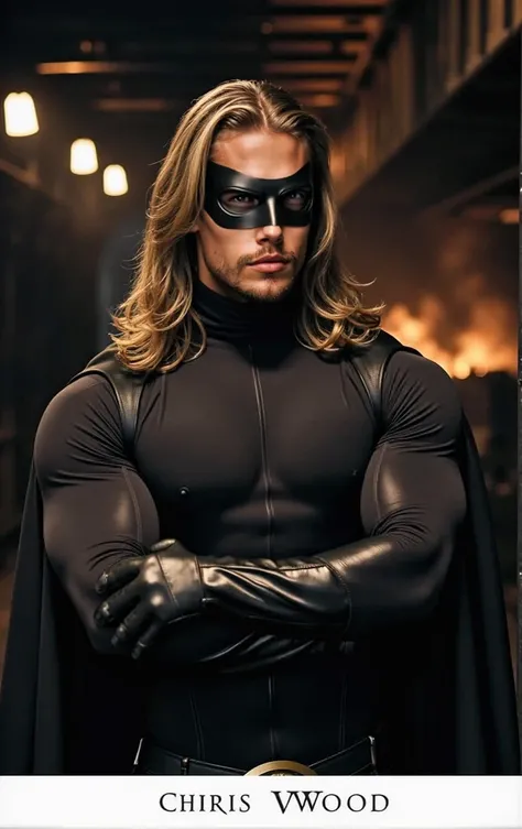 Travis Fimmel, the masked superhero, with his very long dark blond hair, in a very dark and smoky elevator at night. His tight-fitting black leather costume clings to his chiseled physique, while a long, flowing black leather cape billows behind him as he ...