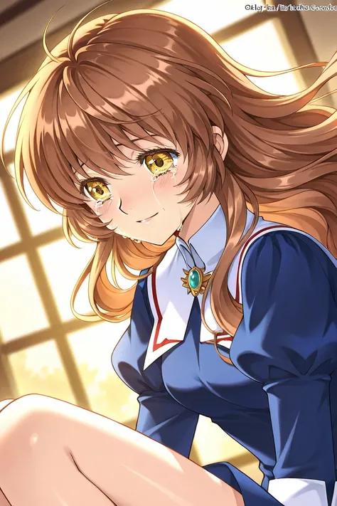 A girl that is an student. She has long wavy Brown hair with shiny golden eyes with blue dress uniform. She is happy, but crying. Kind. Clamp Tsubasa chronicles art style. 