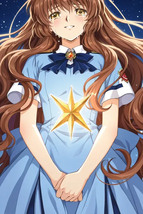 A girl that is an student. She has long wavy Brown hair with shiny golden eyes with blue dress uniform. She is happy, but crying. Kind. Clamp Tsubasa chronicles art style. 