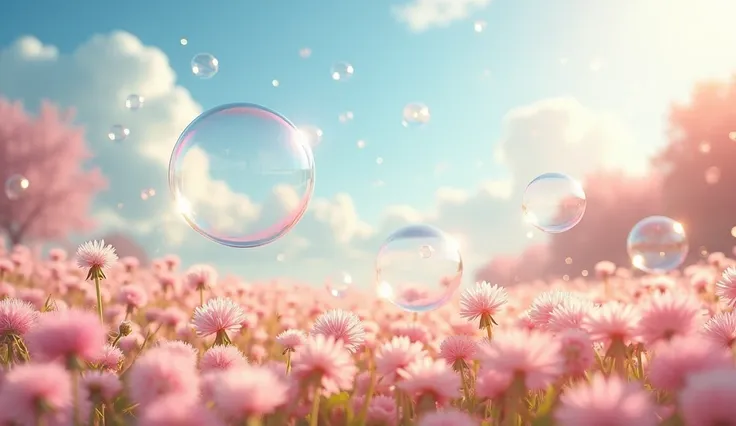 Bubbles floating in the wind on a warm sunny day above a field of pink flowers and pink dandelion puffs, clear bubbles, fluffy white clouds