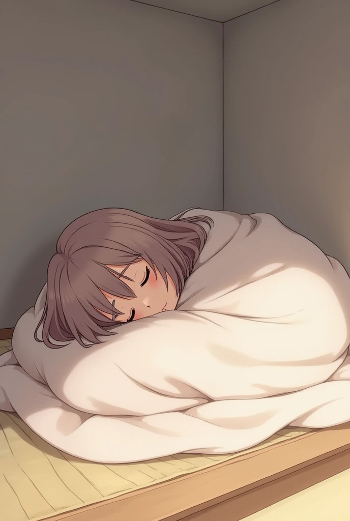 Anime girl asleep on a mat on the floor with blankets