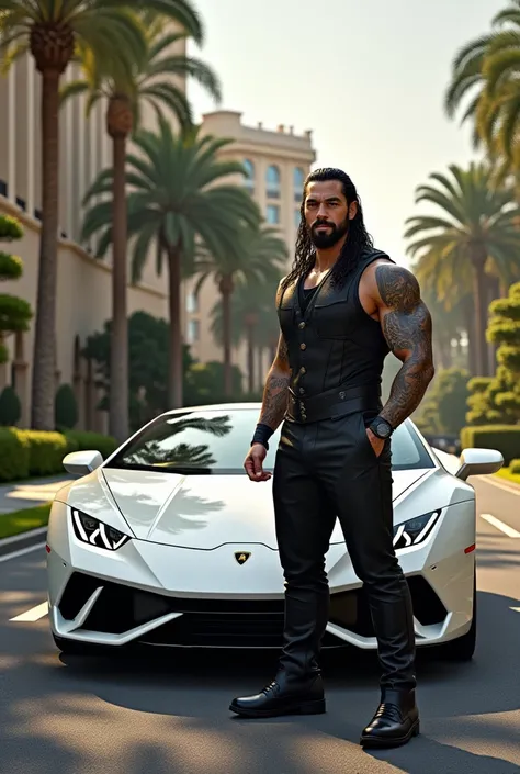 Roman Reigns stand near white Lamborghini and the Lamborghini on the luxury road and near luxury hotel 