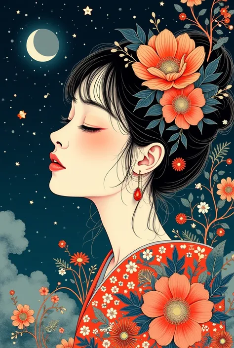 A digital artwork inspired by Japanese manga and modern illustration , featuring a serene Japanese girl with intricately detailed hair surrounded by vibrant floral patterns and musical elements . The composition adopts an abstract style, with flowing , sur...