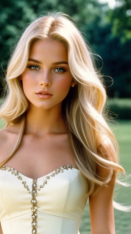 1girl, beautiful face, Solo, Long ash blonde blowout Hair, elegant, luxe style, 1995 film still, outdoor luxe background