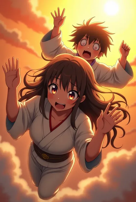 A boy and a girl are falling from a great height, their faces showing expressions of surprise and fear. The girl has long hair and noticeably large breasts, while both are wearing kimonos. The setting resembles the sun. The girl is in the front, and the bo...