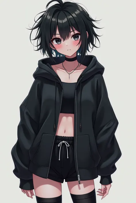 black eyes, messy black hair, femboy, black open hoodie, crop top, gym shorts, thigh high socks, pale, eye bags, anime, smug, male