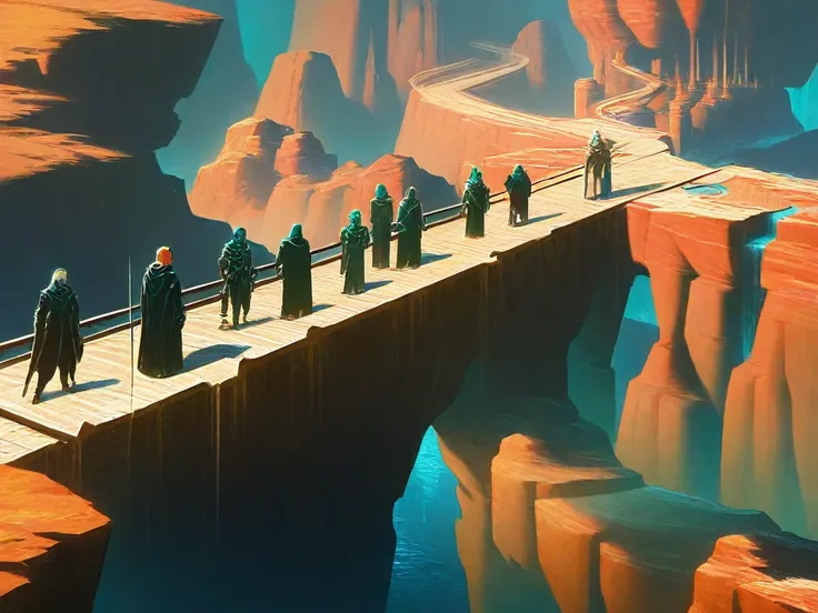 people standing on a bridge over a river in a canyon, noah bradley concept art, marc _ simonetti, concept art futuristic norse, art style of marc simonetti, inspired by Marc Simonetti, epic fantasy sci fi illustration, marc simonetti. intricate, high fanta...