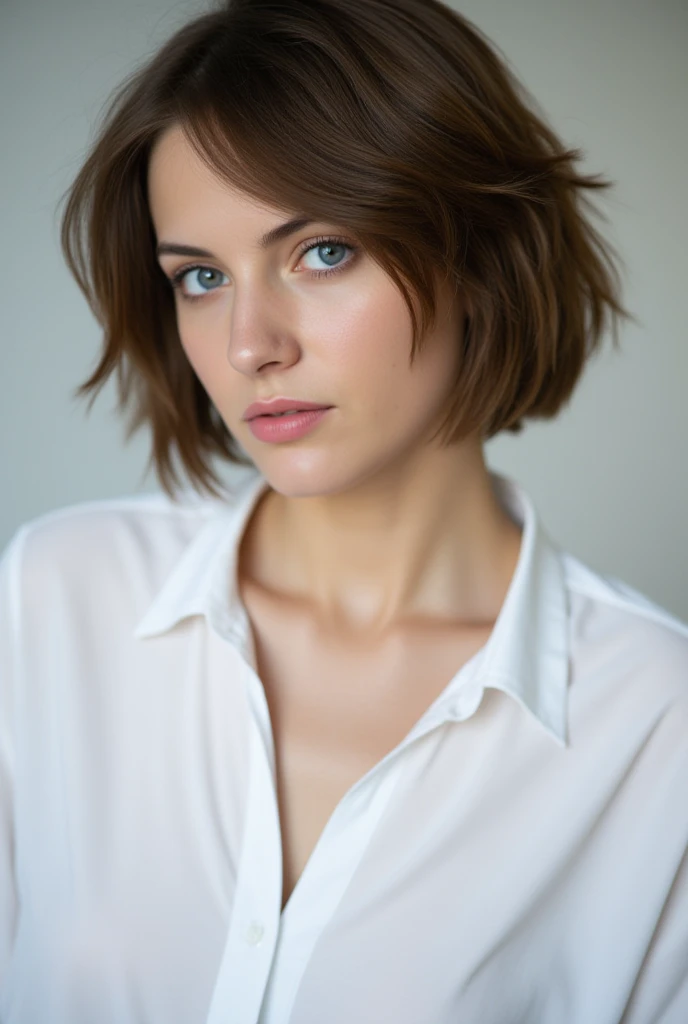  create the image of a white woman with big blue eyes, very short brown hair ,  wearing a white blouse 