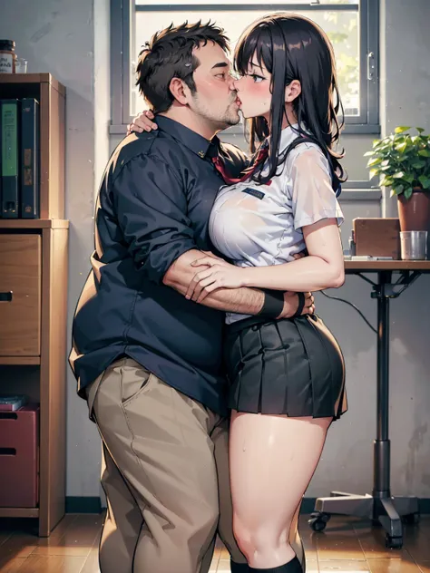 ( one girl,  fat middle aged man:1.2),   high school girl,student,uniform, cosplay,  miniskirt, , ({{kissu), (),  office,  very detailed,  high res, 4K, masterpiece,  high res、( my clothes are see-through :1.2)、Big Breasts, knee-high socks,Mature Woman, ch...