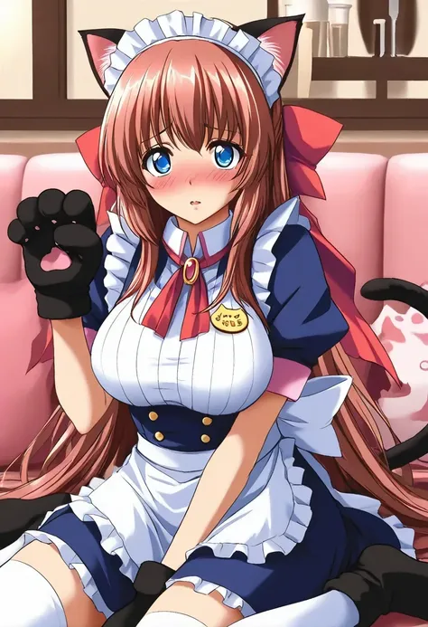 masterpiece,best quality,very aesthetic, highres icon, KanzakiAOI , 1girl, Alone, brown hair, long hair, blue eyes, large breasts,  embarrassing,blush, waitress, maid, cat ears,cat ears,Cat&#39;s tail,Cat&#39;s tail,Cat&#39;s tail, cat gloves,cat gloves,ca...