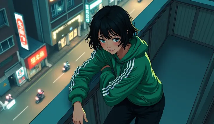 A beautiful Japanese girl in a green Adidas tracksuit, loose black pants and short wavy hair is leaning on a balcony railing and looking from above. Her eyes are looking down. There are cars and motorbikes below the balcony. Top view and front view at nigh...