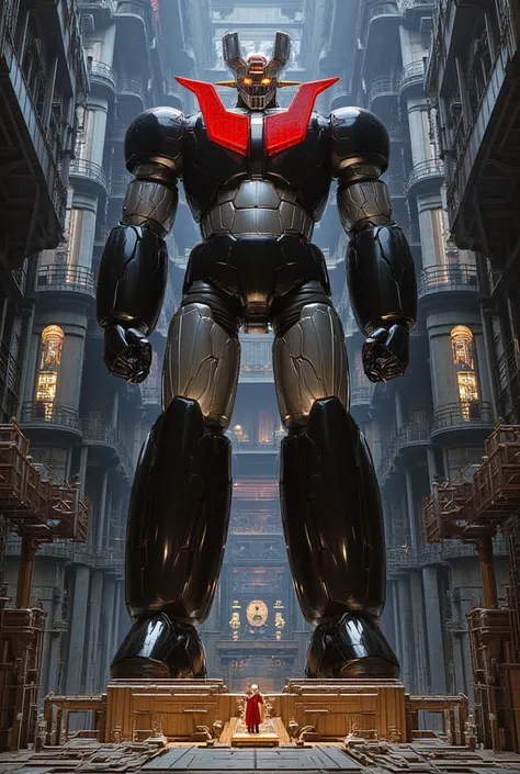 The great hero 、A very realistic giant version of Mazinger Z ,  stands 100 meters high ahead .    nuclear reactor equipment production line made of the latest materials, such as steel, standing 100 meters higher in a forward leaning position  ,   Carbon Fi...